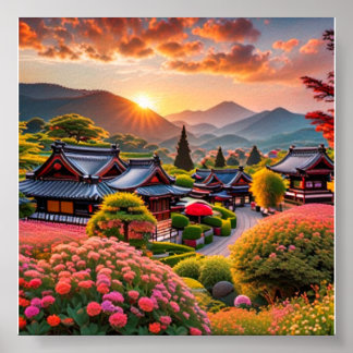 Poster Serene Sunset Sobre Jardim Japonês, Paisagem