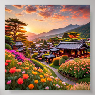 Poster Serene Sunset Sobre Jardim Japonês, Paisagem
