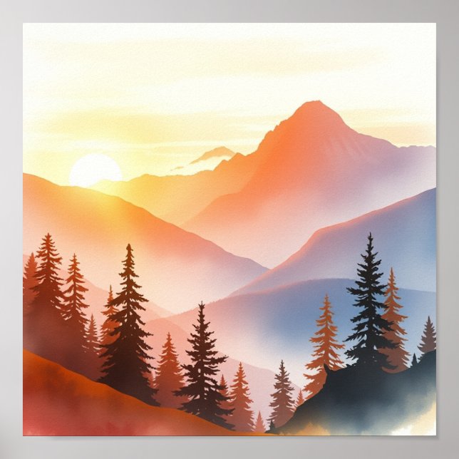 Poster Serene Watercolor Mountain Landscape Wall Art (Frente)