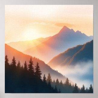 Poster Serene Watercolor Mountain Landscape Wall Art