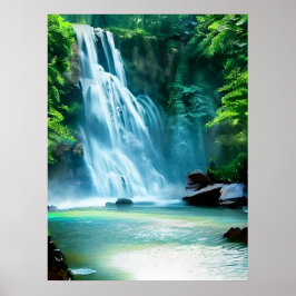 Poster Serene Waterfall em azul pálido e verde