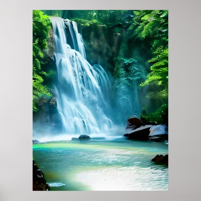 Poster Serene Waterfall em azul pálido e verde (Frente)
