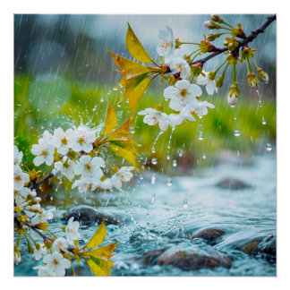 Pôster Serene White Cherry Blossoms in Spring Rain & Stre