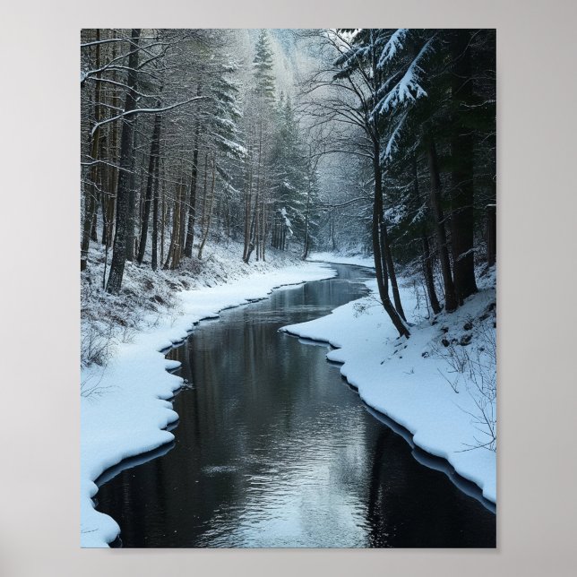 Poster Serene Winter River Flowing Through Snowy Forest (Frente)