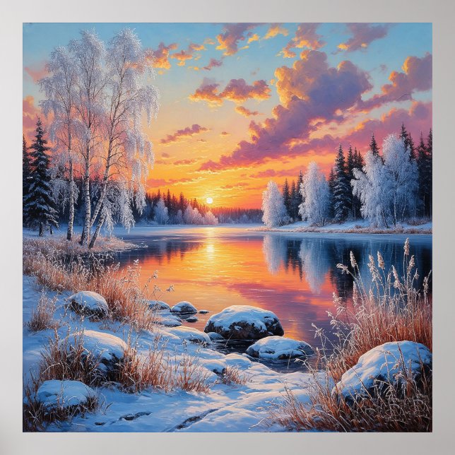 Poster Serene Winter Sunset Sobre uma Floresta Neve (Frente)