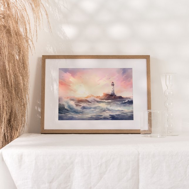 Poster Serenidade Costeira: Arte Por Aquarela De Farol (Embark on a serene coastal journey with an exquisite watercolor painting.)