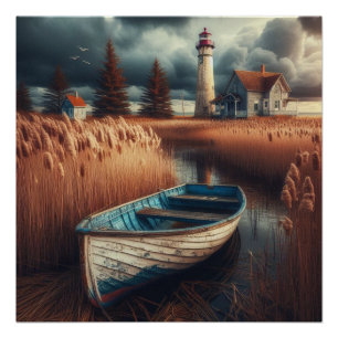 Pôster Serenidade Costeira: Farol e Rowboat