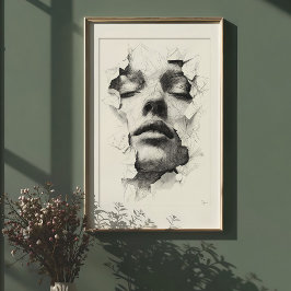 Poster Serenidade Destruída: Rosto de Arte em Linha Monoc