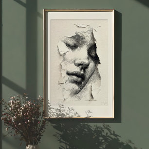 Poster Serenidade Destruída: Rosto de Arte Linear Monocro