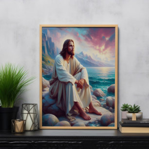 Poster Serenidade divina Jesus pela costa oceânica