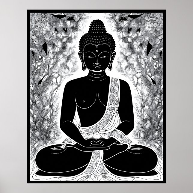 Poster Serenidade em Preto e Branco: Jardim Zen de Buda (Frente)