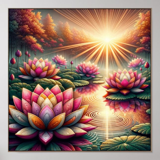 Poster Serenidade Luminosa: Lotus Blossoms no amanhecer (Frente)