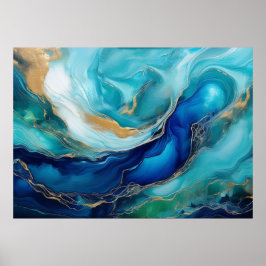 Poster Serenidade Teal Cobalto e Abstração Oceânica Verde