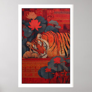 Poster Sereno Impresso de Tigre Indiano, Estilo Arte Folc