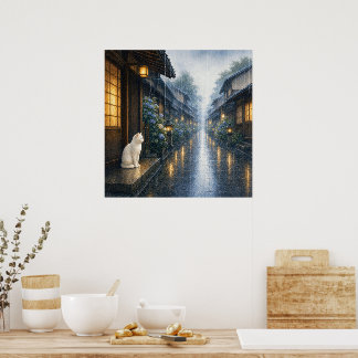 Poster series_2_5|Square Kyoto Rain Shelter White Cat Art