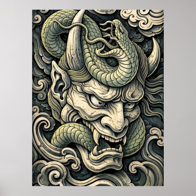 Poster Serpente Demônio Chifrudo Feroz Tempestade Pop Art (Frente)