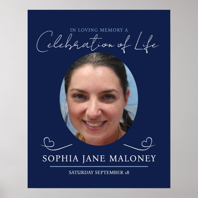 Poster Serviço memorial funeral coração oval foto azul ma (Frente)