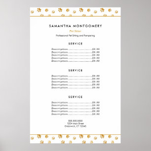 Poster Serviços Profissionais de Pet Sitter Gold Paw Prin