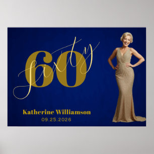 Poster Sessenta Elegantes Azul & Dourado 60º Aniversário