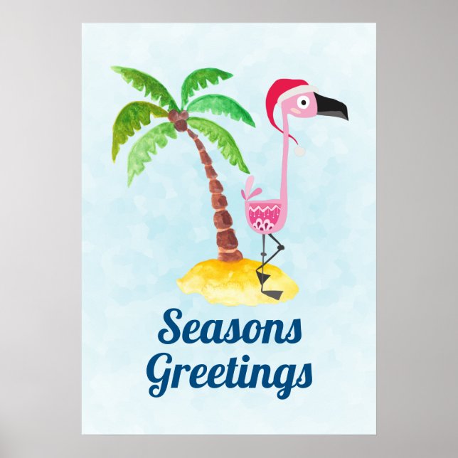 Poster Sessões saudações Flamingo Rosa Rosa em Santa Hat (Frente)