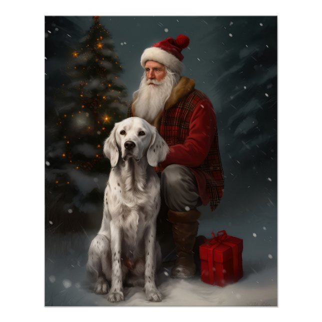 Pôster Setter Inglês com Papai Noel Natal Festivo (Frente)