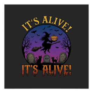 Pôster Seu Alive Halloween Bruxa Abóbora Gato Preto Lápid