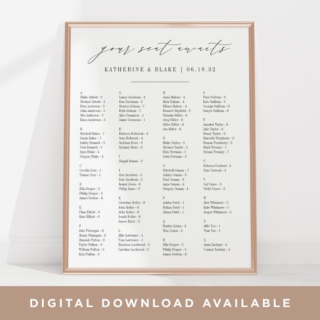 Poster Seu assento aguarda | Gráfico de assentos alfabéti (Criador carregado)