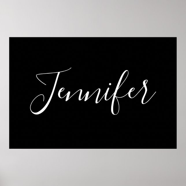 Poster Seu nome | Script branco elegante em preto (Frente)