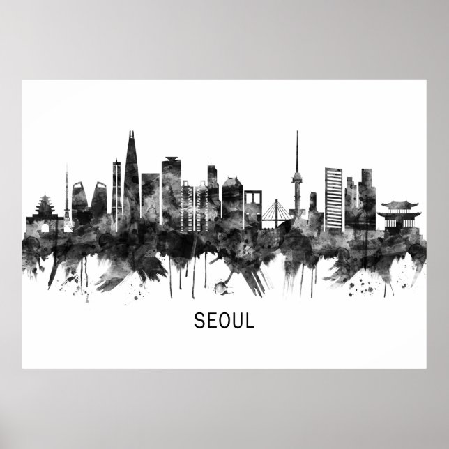 Poster Seul Coreia do Sul Skyline BW (Frente)