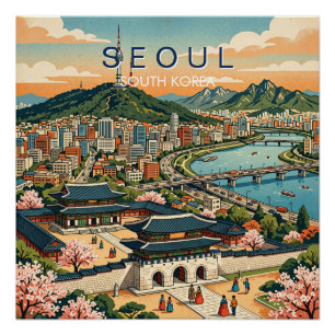 Pôster Seul Coreia do Sul Viagem Arte Vintage