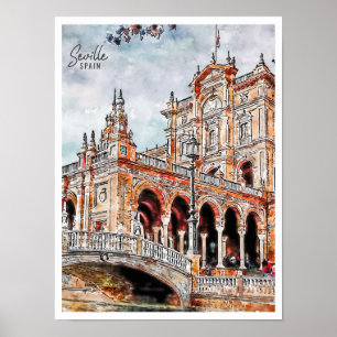 Poster Sevilha Espanha aquarela de viagem vintage