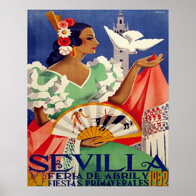 Poster Sevilha, Espanha, mulher com pombo branco, vintage (Frente)