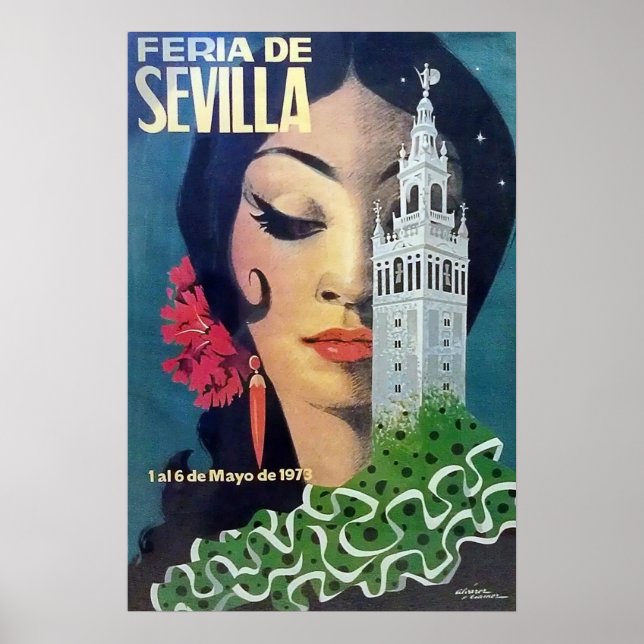 Poster Sevilha, torre da cidade e mulher cabeleira negra, (Frente)