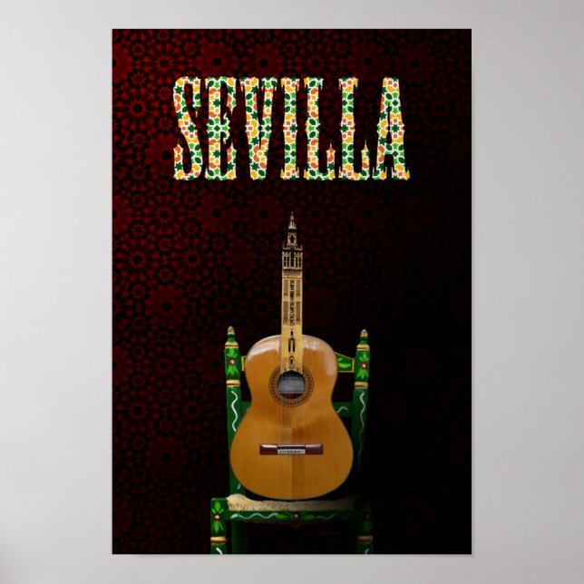 Poster SEVILLA. Guitarra flamenca con Giralda de Sevilla. (Frente)