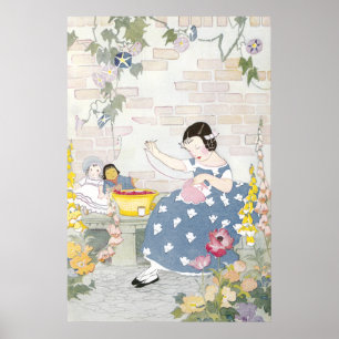 Pôster Sewing em um jardim do Foxglove & das papoilas