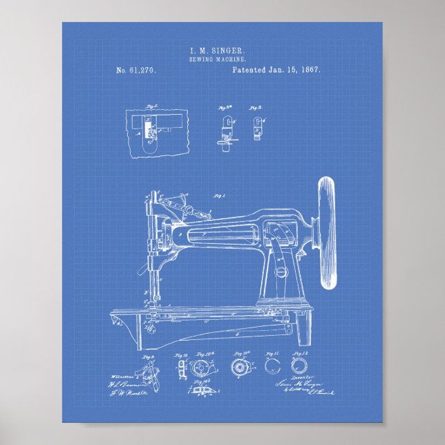 Poster Sewing Machine 1867 Patent Art Blueprint (Frente)