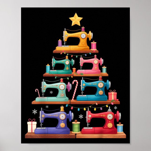 Poster Sewing Machine Christmas Tree Lights Santa Hat Xma (Frente)