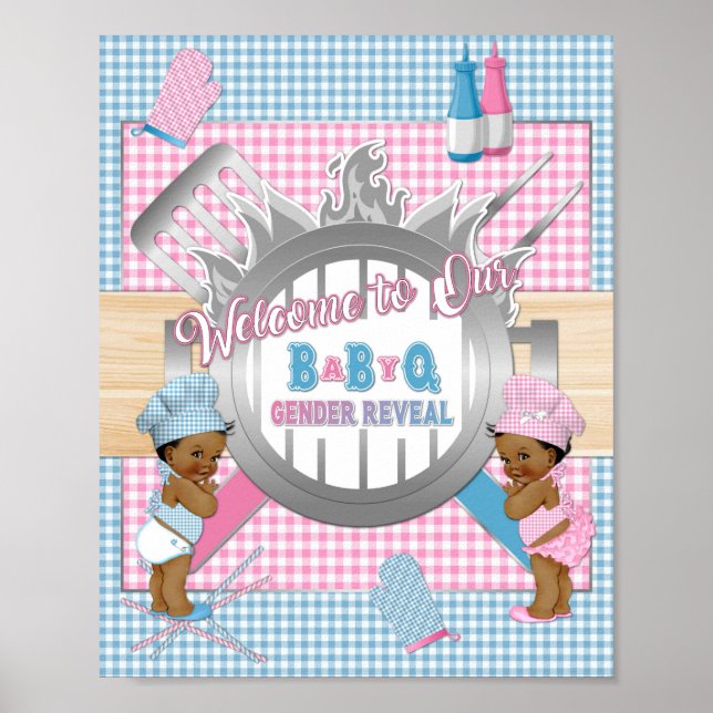 Poster Sexo Revela Cor de Rosa Azul Gingham Bebê Q CHURRA (Frente)