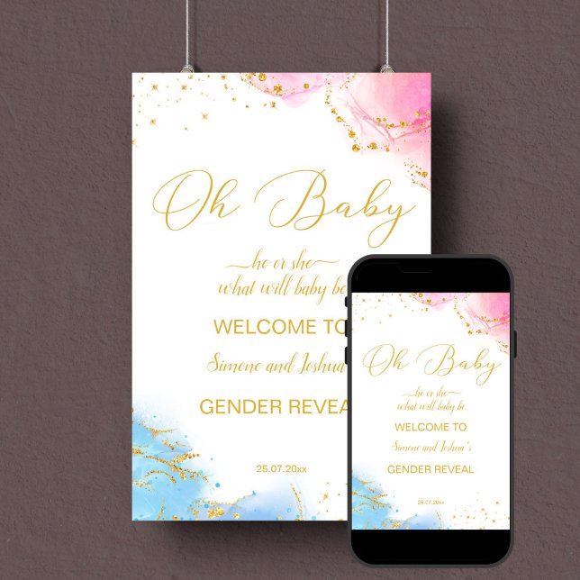 Poster Sexo revela sinal de boas-vindas oh beberosa azul (Gender reveal party welcome sign template instant download pink and blue gold glitter)