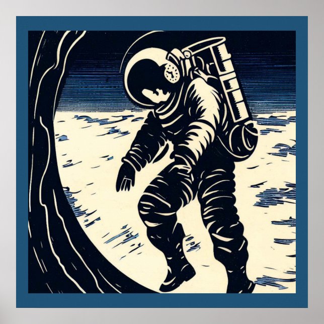 Poster SF - Astronauta no Spacewalk Woodcut 3 (Frente)