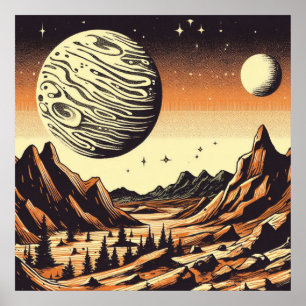 Poster SF Mars Landscape Woodcut 1