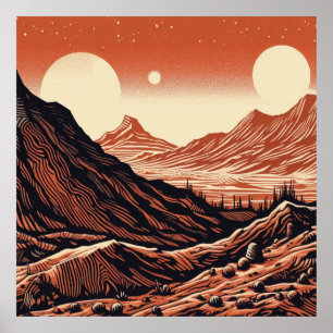 Poster SF Mars Landscape Woodcut 4