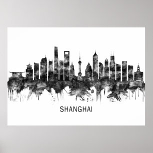 Poster Shanghai China Skyline BW