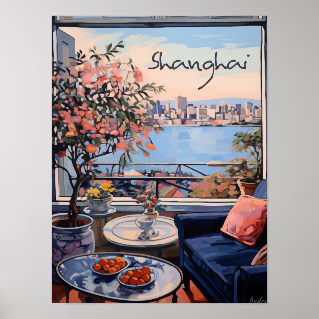 Poster Shanghai China Travel City Art Painting Aesthetic (Frente)