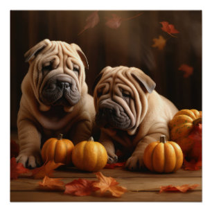 Pôster Shar Pei Puppy Autumn Delight Pumpkin