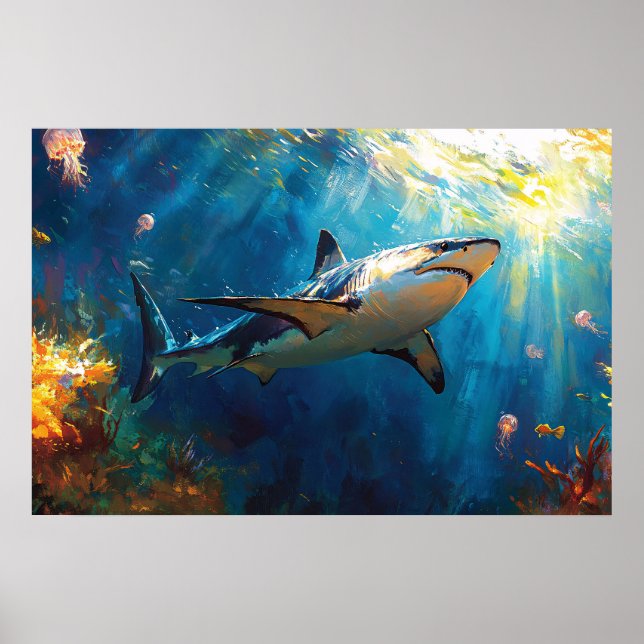 Poster Shark Underwater Surrounded by Jellyfish (Frente)