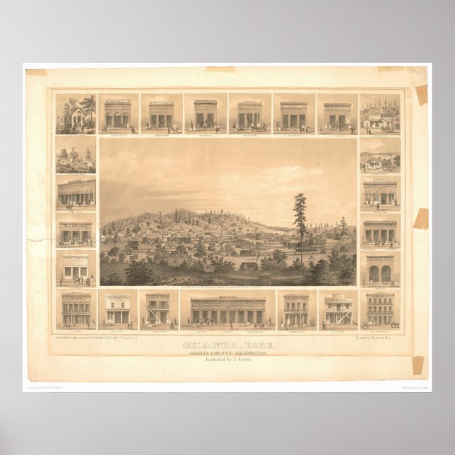Poster Shasta, CA. Mapa Panorâmico 1856 (1612A) (Frente)