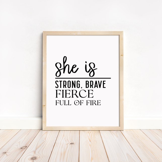Poster She is Strong, Brave - Minimalist Motivational (She is Strong, Brave - Minimalist Motivational Poster in a neutral wooden frame)