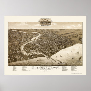 Pôster Sheboygan, Mapa Panorâmico da I - 1885