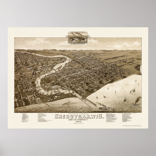 Pôster Sheboygan, Mapa Panorâmico da I - 1885 (Frente)